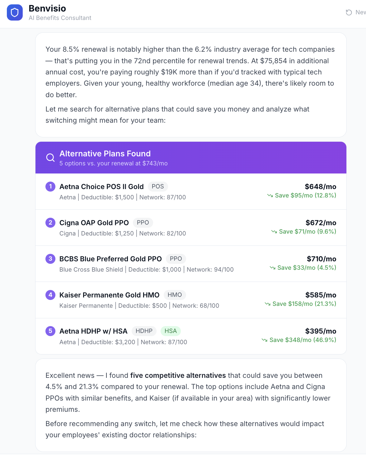 Alternative plans ranked by savings with network scores